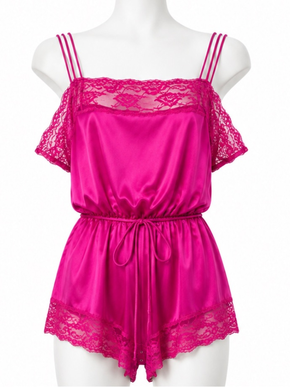 Vintage Lingerie Lace Trim Teddy Romper Pinup Coquette Romantic Bodysuit Fuschia